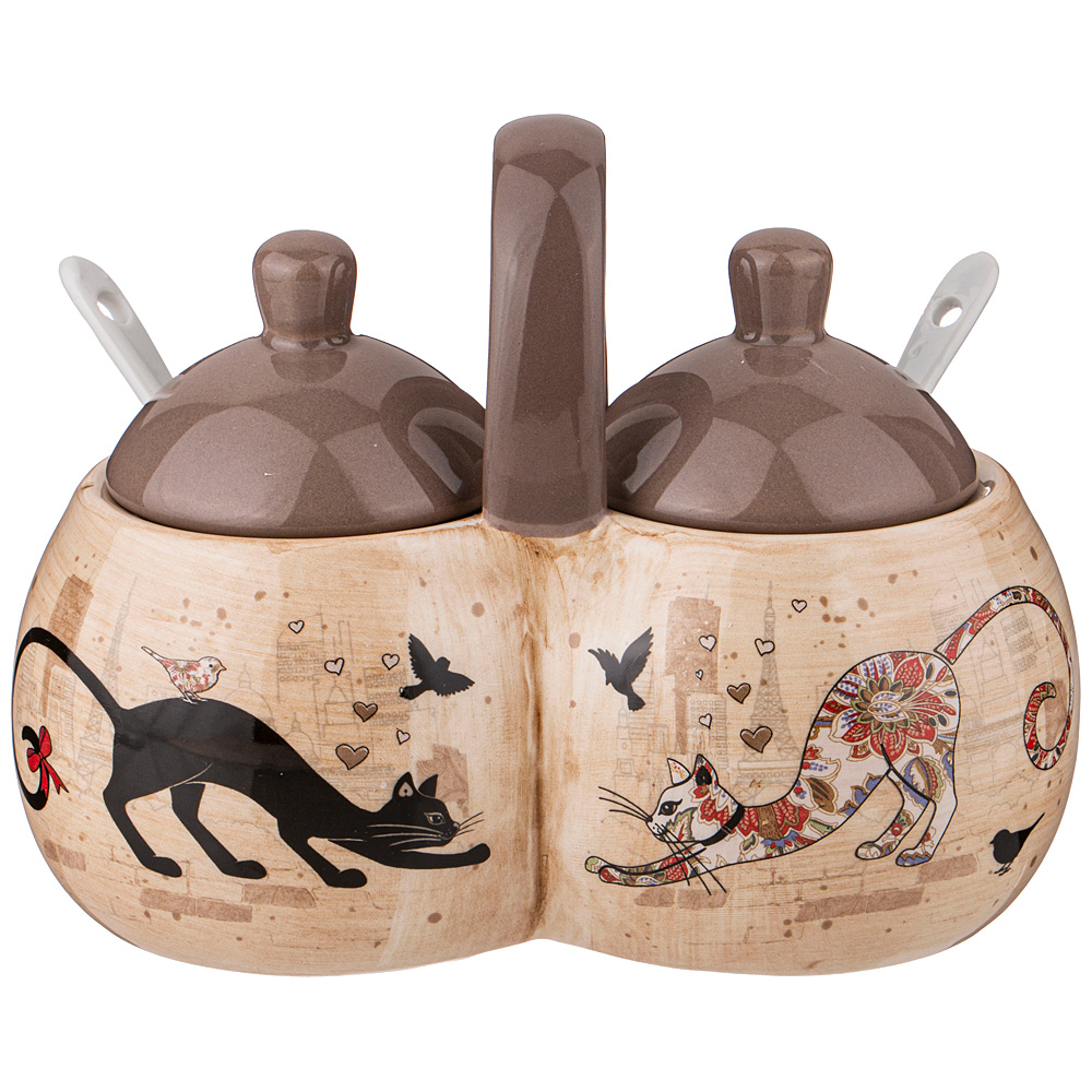 Банка для специй двойная с ложками Paris cats, 17х10 см, 13 см, Доломитовая керамика, Agness, Китай