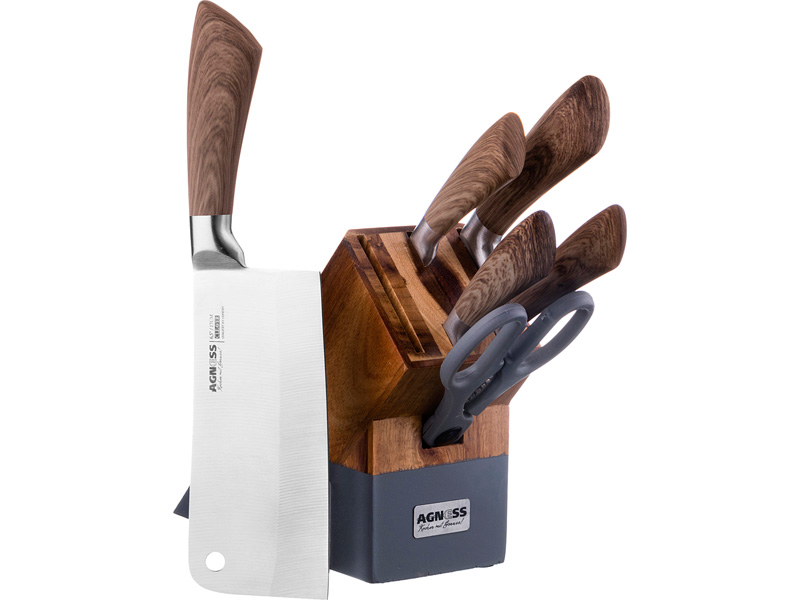 Набор ножей на подставке Soft touch, 7 предм., Нерж. сталь, Дерево, Agness, Китай