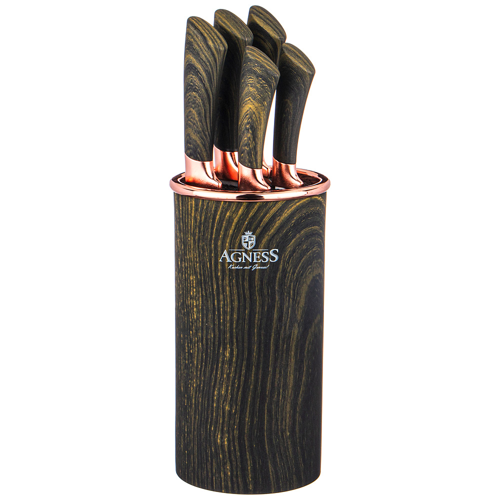 Набор ножей на подставке Woody brown, 6 предм., 20 см, 16х12 см, 37 см, Пластик, Нерж. сталь, Agness, Китай