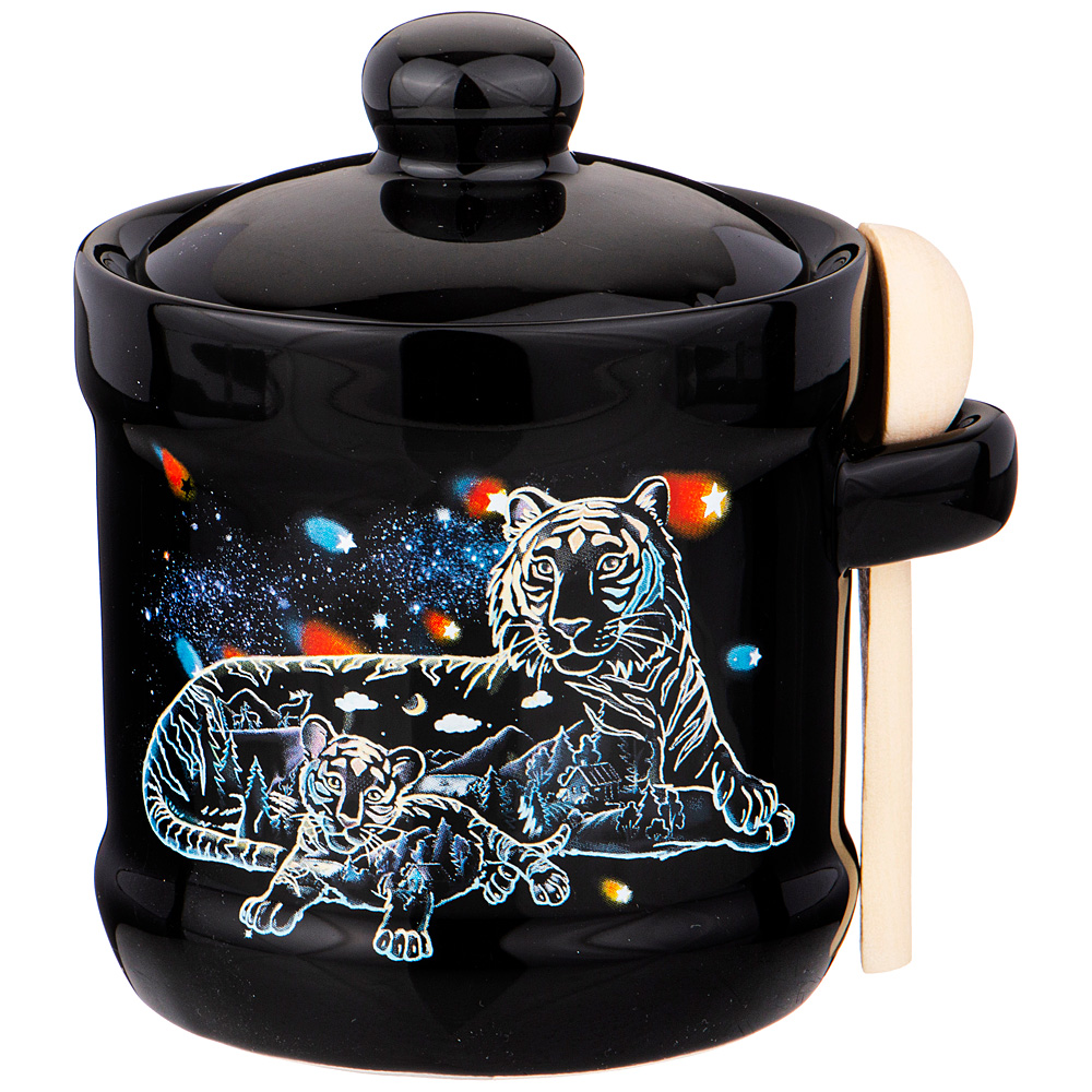 Сахарница с ложкой Tiger Amour black 330, 11 см, 12 см, 330 мл, Доломитовая керамика, Agness, Китай Сахарница с ложкой Tiger Amour black 330, 11 см, 12 см, 330 мл, Доломитовая керамика, Agness, Китай