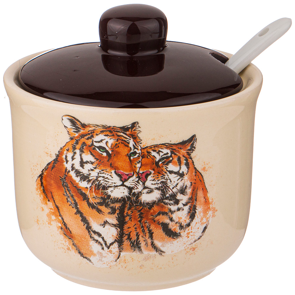 Сахарница с ложкой Tiger Amour brown 300, 10 см, 10 см, 300 мл, Доломитовая керамика, Agness, Китай Сахарница с ложкой Tiger Amour brown 300, 10 см, 10 см, 300 мл, Доломитовая керамика, Agness, Китай