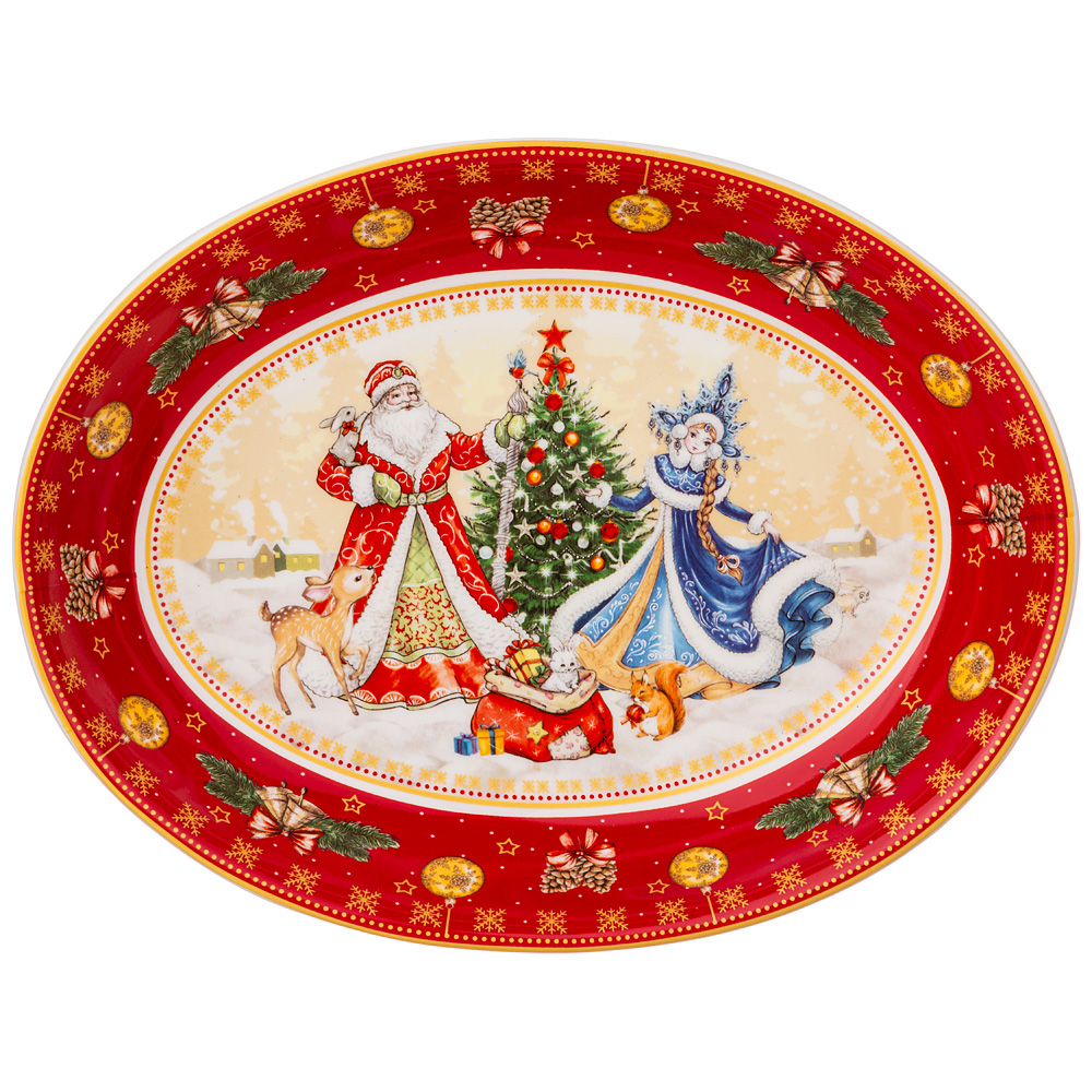 Блюдо овальное Happy New Year Santa&Snowgirl red