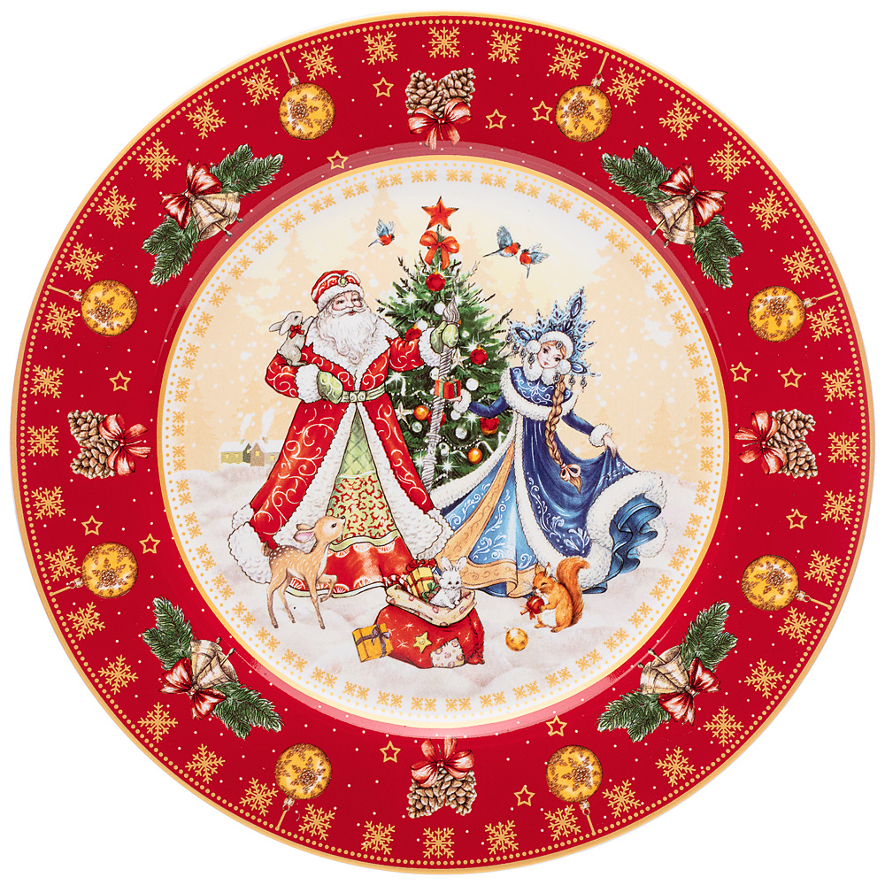 Тарелка десертная Happy New Year Santa&Snowgirl red