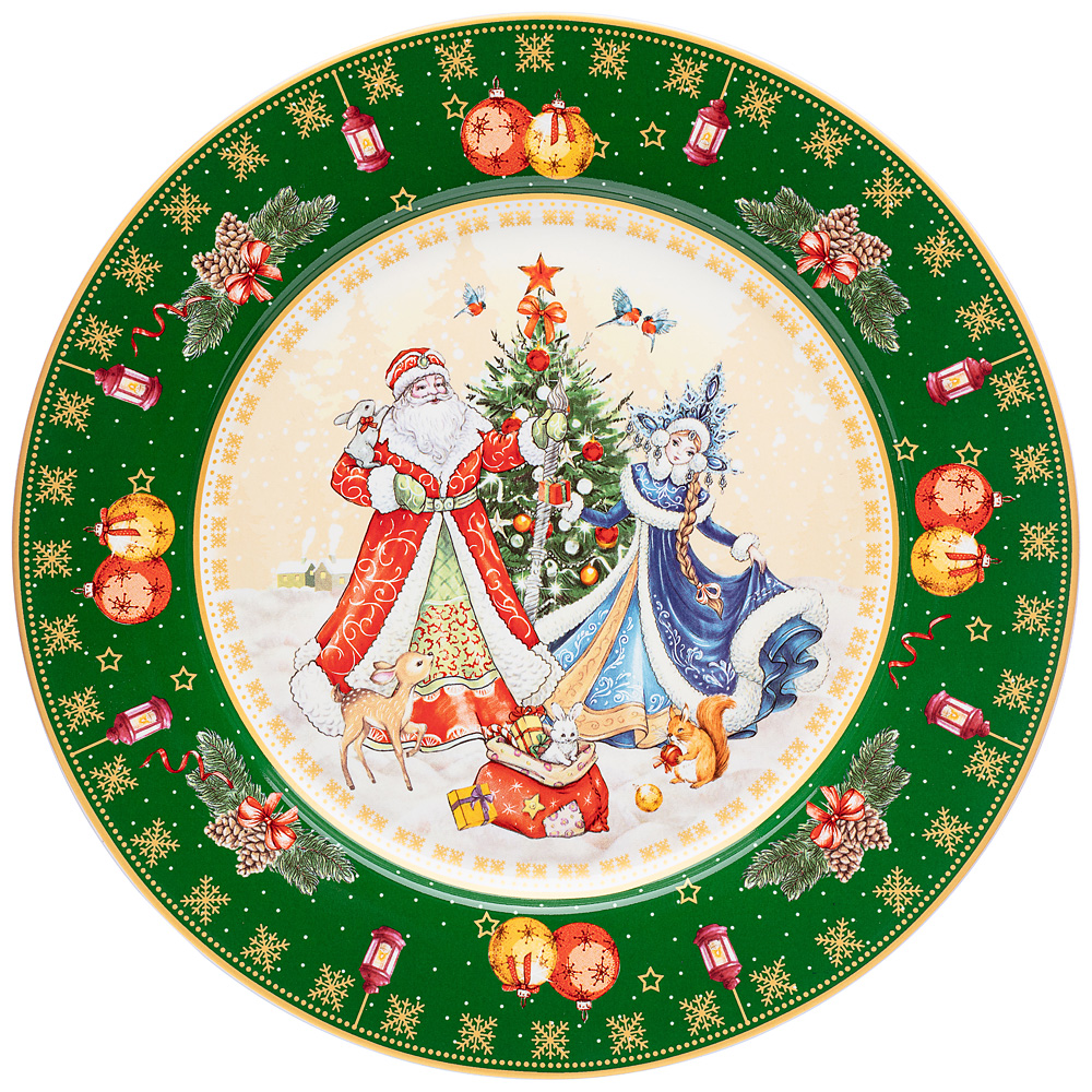 Тарелка обеденная Happy New Year Santa&Snowgirl green
