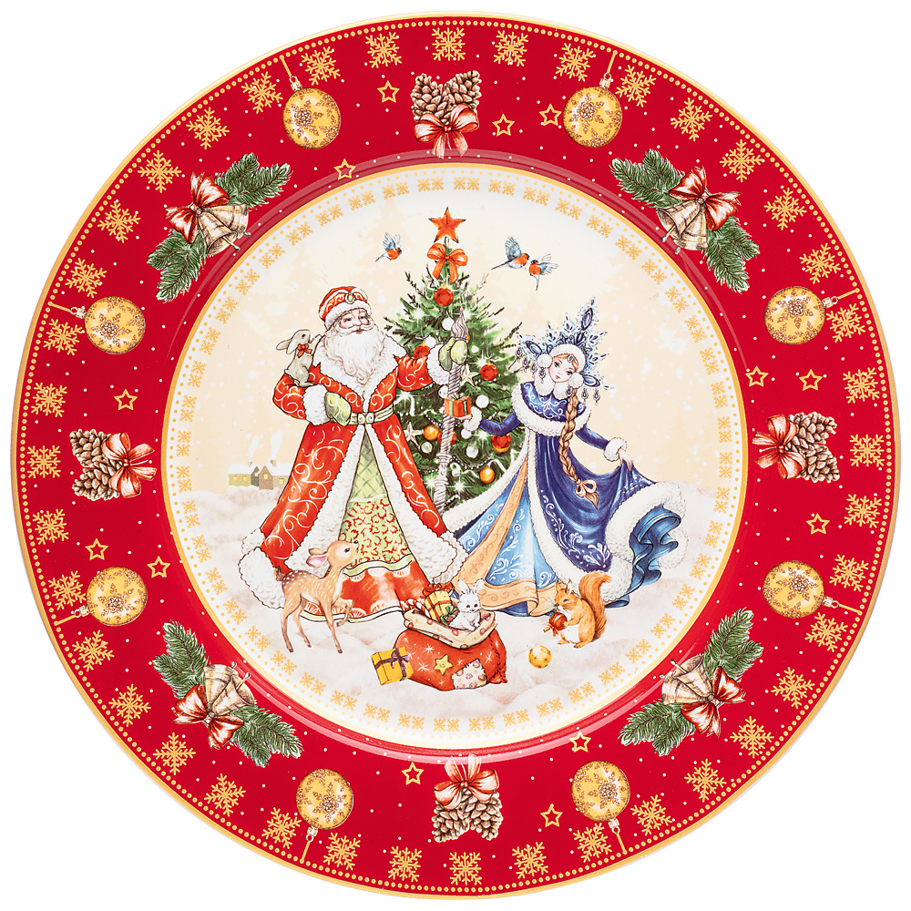 Тарелка обеденная Happy New Year Santa&Snowgirl red