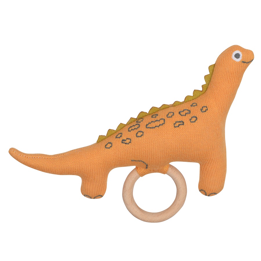 Погремушка с держателем Tiny world Dinosaur Toto, 14х11 см, Полиэстер, Хлопок, Дерево, Tkano, Россия