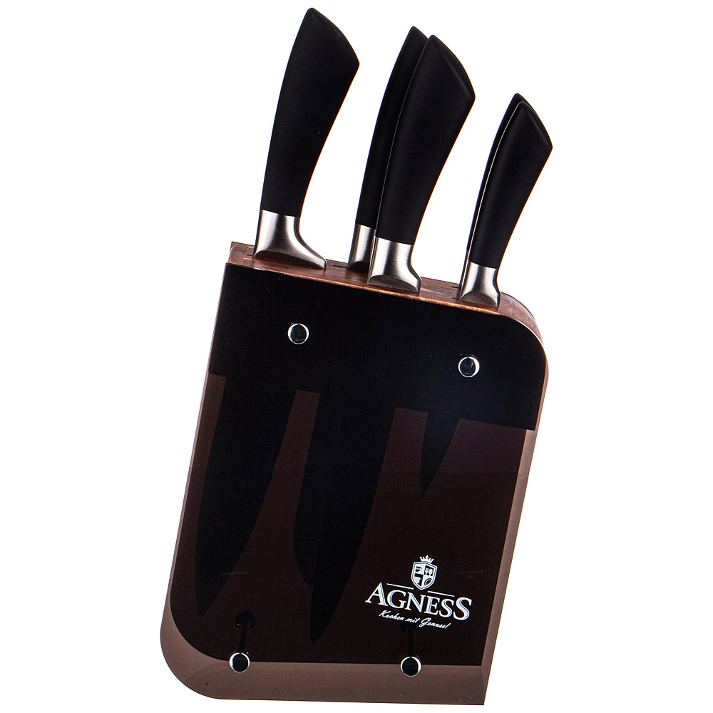 Набор ножей на подставке Wood black, 6 предм., 20 см, 22х11 см, 36 см, Дерево, Пластик, Нерж. сталь, Agness, Китай