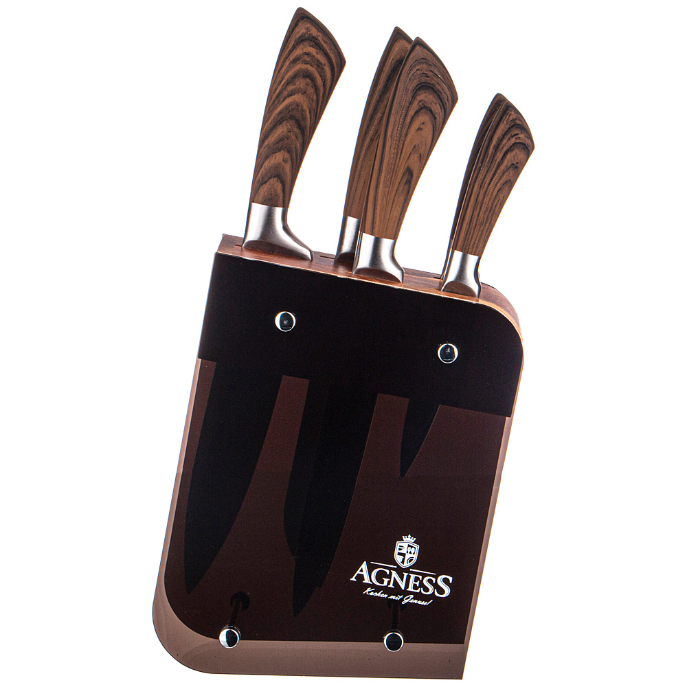 Набор ножей на подставке Wood brown, 6 предм., 20 см, 22х11 см, 36 см, Нерж. сталь, Дерево, Пластик, Agness, Китай