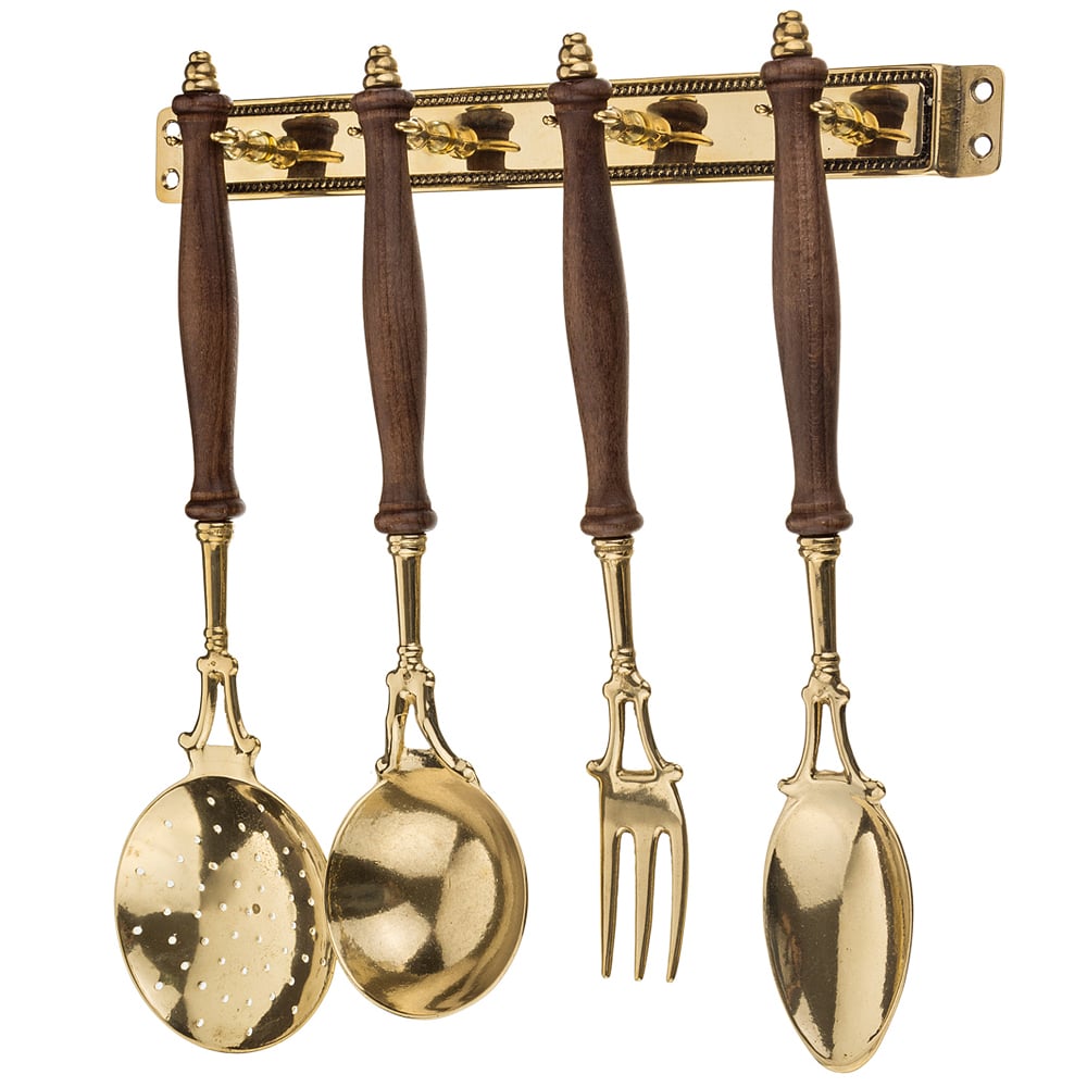Набор кухонных инструментов на держателе Brass wood gold, 4 предм., 35 см, Дерево, Латунь, Alberti Livio, Италия
