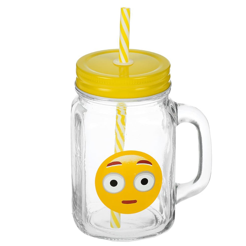 Банка для напитков с крышкой и трубочкой Emoji, 450 мл, 9,5 см, 13 см, Стекло Банка для напитков с крышкой и трубочкой Emoji, 450 мл, 9,5 см, 13 см, Стекло