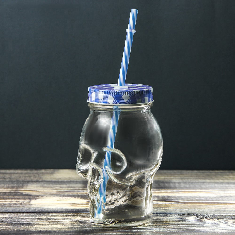 Банка с крышкой и трубочкой Skull Blue Check, 450 мл, 9 см, 14 см, Стекло Банка с крышкой и трубочкой Skull Blue Check, 450 мл, 9 см, 14 см, Стекло