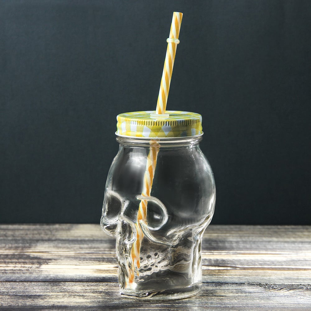 Банка с крышкой и трубочкой Skull Yellow Check, 450 мл, 9 см, 14 см, Стекло Банка с крышкой и трубочкой Skull Yellow Check, 450 мл, 9 см, 14 см, Стекло