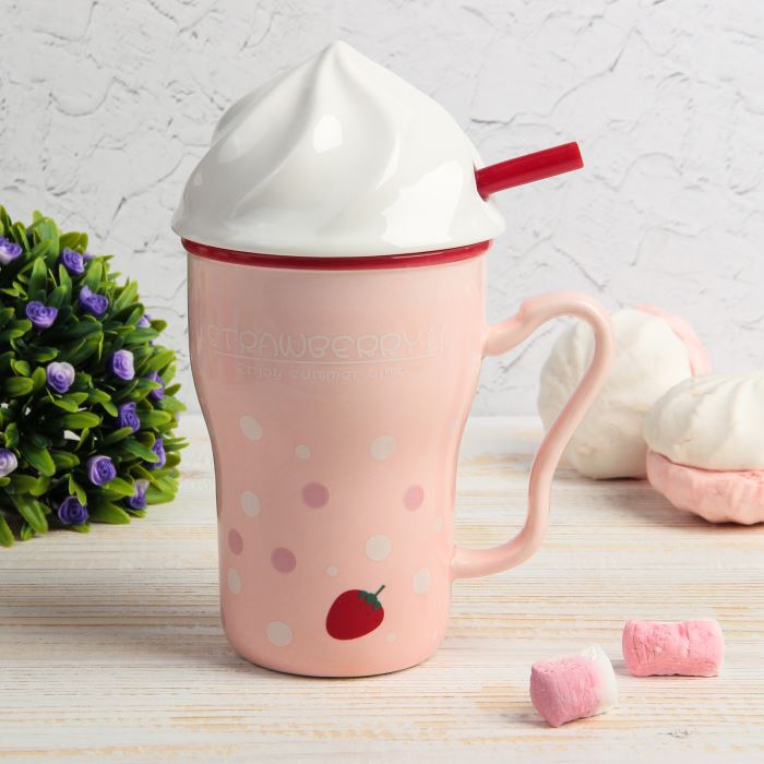 Кружка с крышкой и трубочкой Strawberry dessert, 350 мл, 10 см, 13 см, Керамика Кружка с крышкой и трубочкой Strawberry dessert, 350 мл, 10 см, 13 см, Керамика