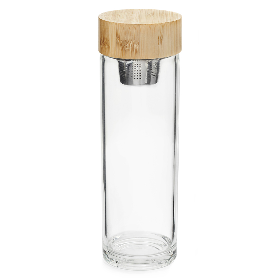 Бутылка для воды с ситом Zen, 7 см, 23 см, Бамбук, Стекло, Нерж. сталь, Kikkerland, США