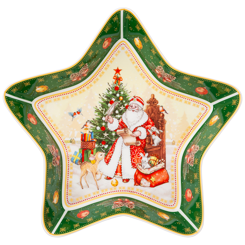 Блюдо-звезда сервировочное Happy New Year Santa Green 28