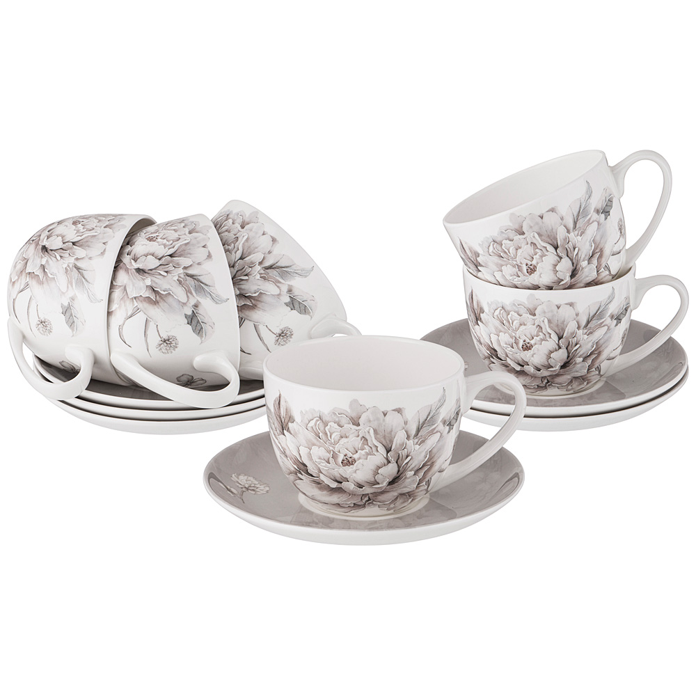 Чайный сервиз White Flower grey на 6 персон, 12 предм., 330 мл, 8 см, 6 персон, Фарфор, Lefard, Китай