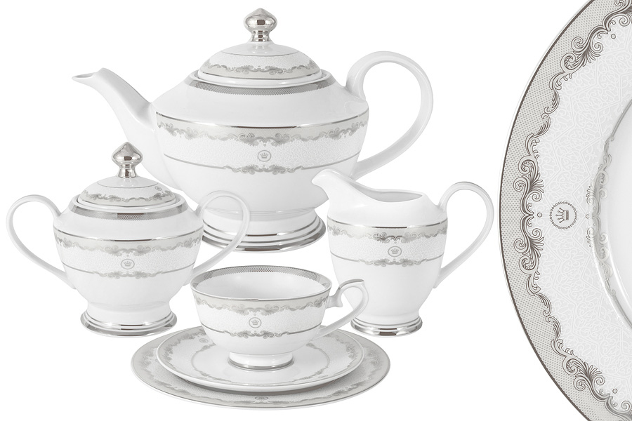 Чайный сервиз Crown silver, 23 предм., 1,35 л, 25 см, 6 персон, Фарфор, Midori, Китай