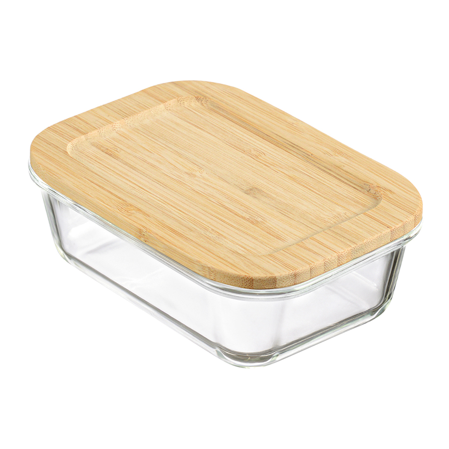 Пищевой контейнер Glass Food Bamboo rectangle 370, 15х11 см, 6 см, 370 мл, Стекло, Бамбук, Smart Solutions, Россия