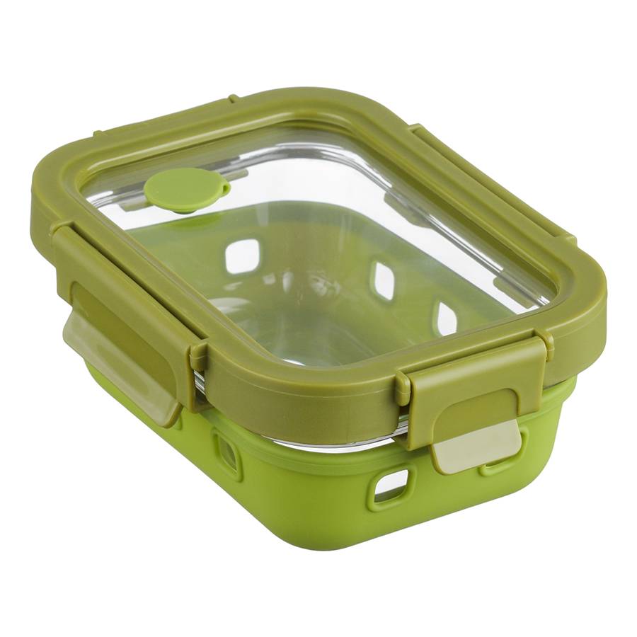 Пищевой контейнер Glass Food square case green 370, 17х13 см, 7 см, 370 мл, Пластик, Стекло, Силикон, Smart Solutions, Россия