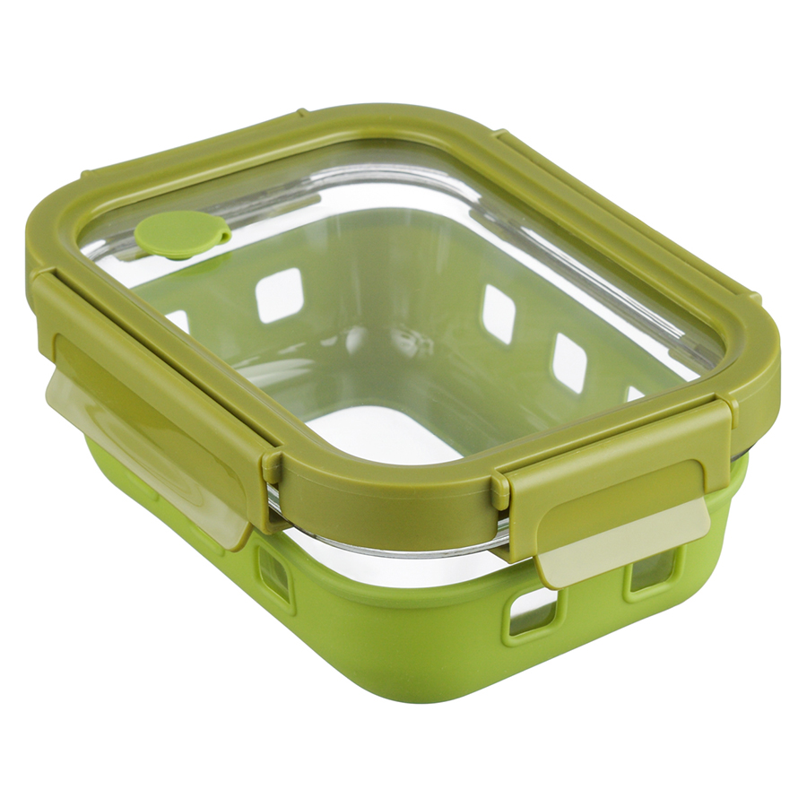 Пищевой контейнер Glass Food square case green 640, 19х15 см, 7 см, 640 мл, Пластик, Стекло, Силикон, Smart Solutions, Россия